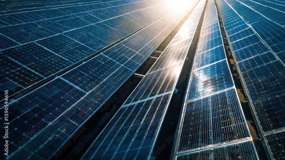 Fototapeta premium Solar Energy Abundance: A top-down view unveils the expanse of solar panels, a symbol of green energy, meticulously aligned to harness the sun's radiant power.