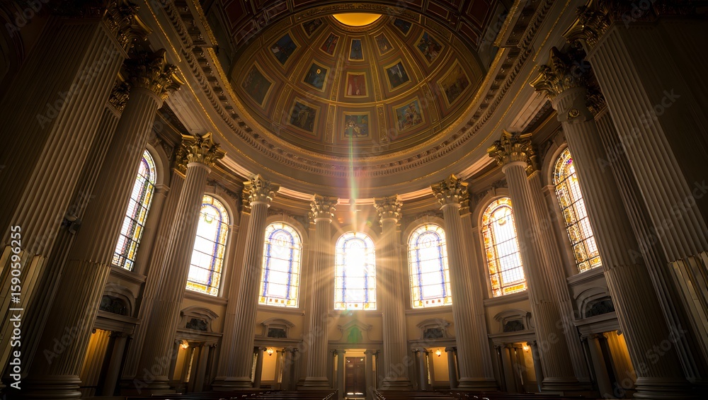 Fototapeta premium Sunlight Streaming Through Stained Glass Windows in Grand Cathedral Interior