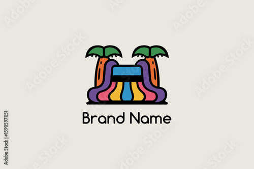Tropical Kids Funland Logo. This playful and colorful logo design features a vibrant inflatable bounce house flanked by two stylized palm trees, evoking fun, adventure, and tropical joy.
