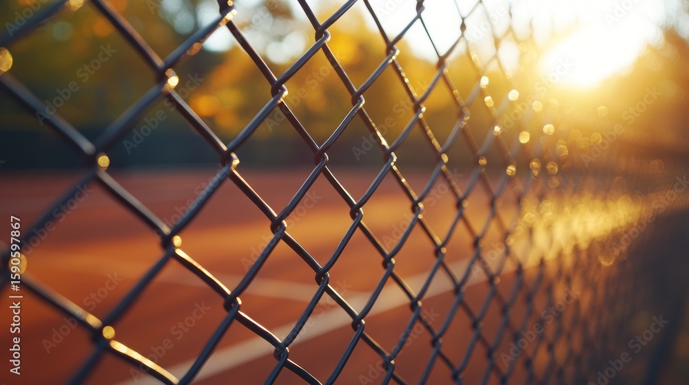 Fototapeta premium Chain-link fence at sunset, tennis court beyond