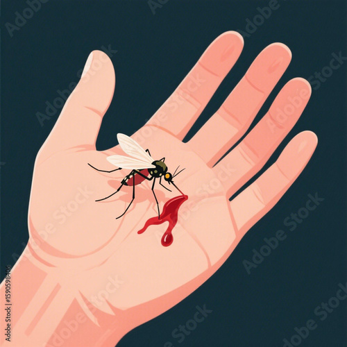 an open palm and a mosquito perched on it to suck blood.