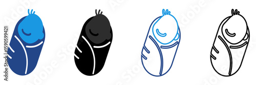Line icon of a baby swaddled and wrapped in a blanket conveys care, comfort and is a highly relevant icon in the context of maternal and child health and the baby-related industry.	
