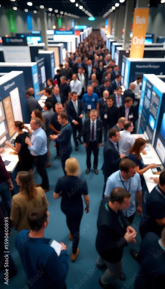 Obraz premium Generative AI image depicting a bustling convention hall crowded with attendees and displays