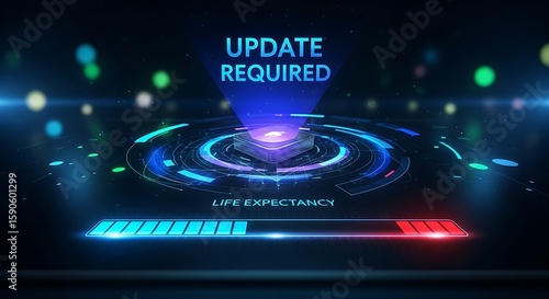 Planned obsolescence concept. A product's holographic interface shows a nearly depleted 