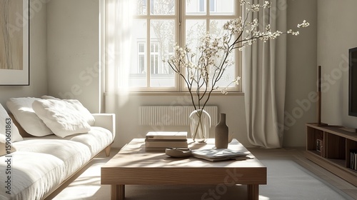 Modern Living Room Interior, Minimalist Design, Natural Light, Cozy Home Decor