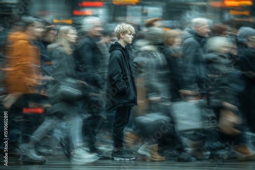 Urban loneliness visualized with standing still young adult. Isolation trends. Youth happiness declines globally as virtual replaces real interactions. Virtual reality impact. Human contact.