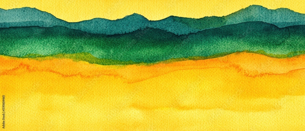 Abstract watercolor landscape painting depicting a vibrant yellow foreground, a band of orange, and a layered mountain range in shades of teal and green Abstract watercolor landscape painting depicting a vibrant yellow foreground, a band of orange, and a layered mountain range in shades of teal and green