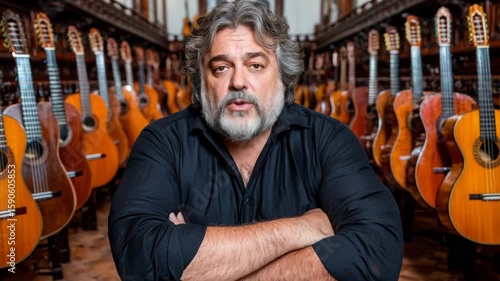 Musician in a guitar shop reflects thoughtfully among beautifully crafted instruments