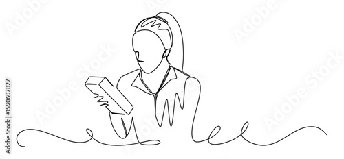 continuous line art of a young woman holding a thick book