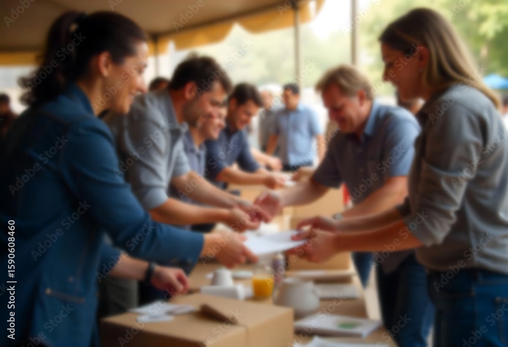 Fototapeta premium Generative AI image showing people interacting, exchanging documents, at an outdoor event