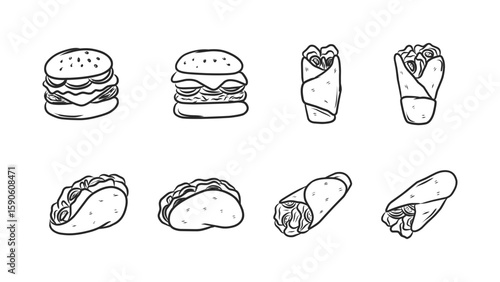 Collection of Hand-Drawn Fast Food Items Including Burgers, Wraps, and Tacos