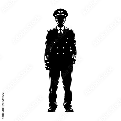 Minimalist black and white lineart illustration of a pilot in uniform