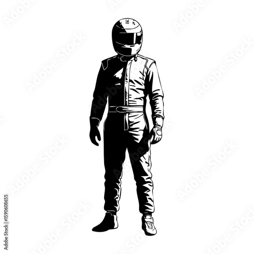 Minimalist black and white lineart illustration of a racing driver in a suit