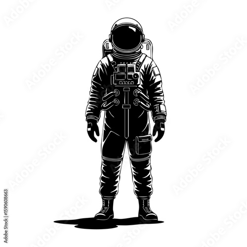 Minimalist black and white lineart illustration of an astronaut in a spacesuit