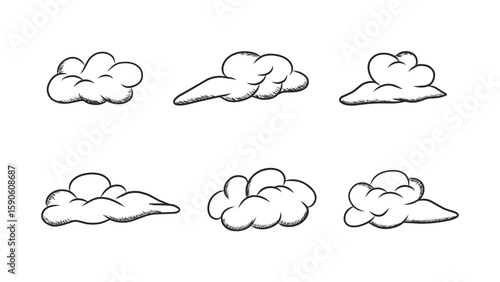Collection of Hand-Drawn Black and White Clouds in Various Shapes and Styles