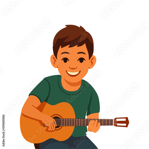 Young boy learning to play guitar. Illustration of a child discovering music, creativity, and self-expression through musical education.
