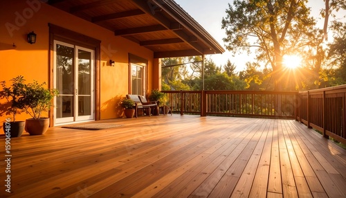 Sunny patio deck at sunset