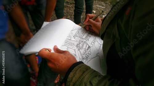 Canvas-taulu Defocused of a person sketching a detailed outdoor scene in a notebook using a pen