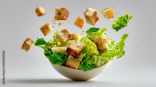 Naklejka caesar salad with levitating ingredients on white background