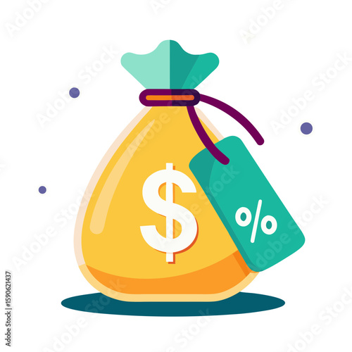 Golden money bag with percent tag dollar sign percent symbol
