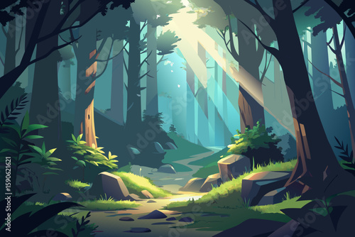Enchanted Forest Trail A serene vector illustration of a sunlit path winding through a dense forest with tall trees and lush greenery creating a magical