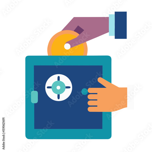 Hand depositing coin into safe finance saving