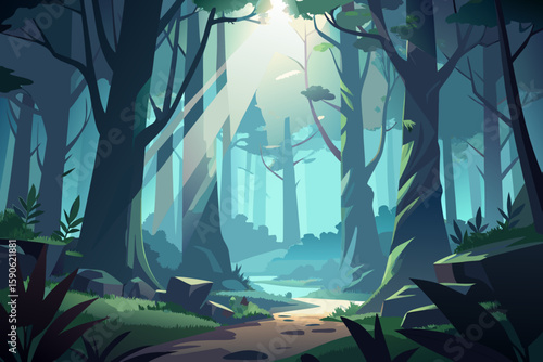 Tranquil Forest Path with Sunbeams a serene vector illustration of a peaceful forest scene with a winding path lush greenery and soft diffused sunlight filtering