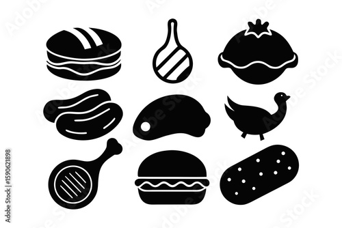 Collection of Food Icons in Black and White featuring a burger meat potato duck beans and other food items in a simple graphic style