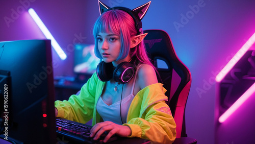 ultra realistic photo young woman with colored hair in anime style with pointed elf ears and gaming headphones fashionably dressed in bright clothes emotionally plays computer games in typical gamer r