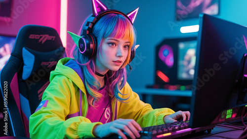 ultra realistic photo young woman with colored hair in anime style with pointed elf ears and gaming headphones fashionably dressed in bright clothes emotionally plays computer games in typical gamer r