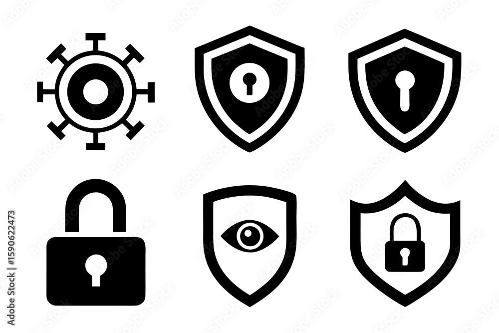 Set of Security Icons Representing Protection Surveillance and Prevention Featuring Shields Padlocks and an Eye all in Black and White for a Clean Design Set of Security Icons Representing Protection Surveillance and Prevention Featuring Shields Padlocks and an Eye all in Black and White for a Clean Design