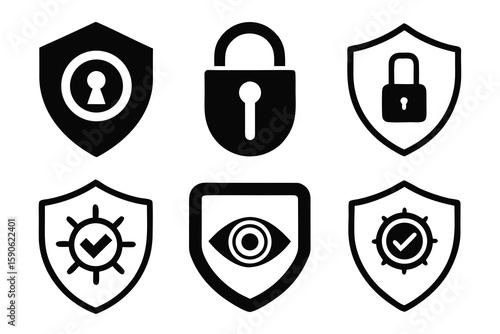 Collection of Security Icons Depicting Protection Safety and Surveillance in Black and White Ideal for Cybersecurity Data Privacy and System Security Designs