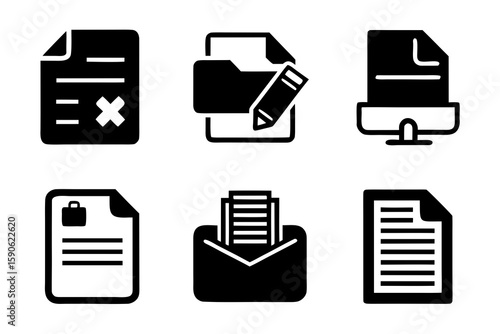 Set of black and white document icons representing various file types folders and actions such as editing sending and displaying on a computer screen interface