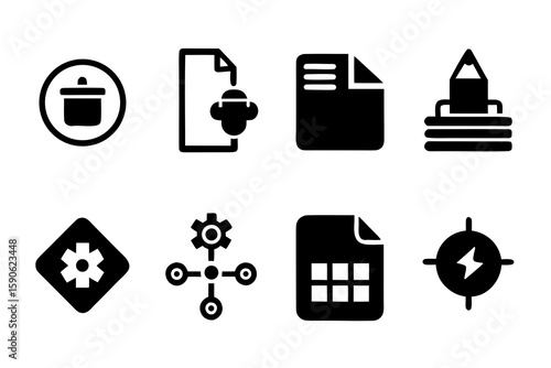 Set of eight black and white icons depicting various functions and concepts including deletion file management settings organization and energy on a clean white background