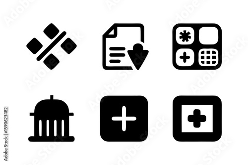 Collection of six distinct black glyph icons representing diverse functions and concepts isolated on a clean white background suitable for interface design and infographics