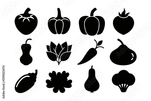 Black and white vector illustration of various fruits and vegetables including peppers pears eggplant broccoli chili pepper and a flower isolated on a white background
