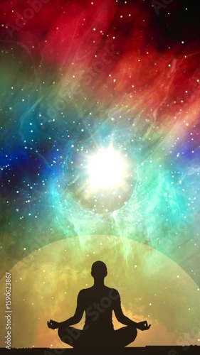Silhouette of a Yogi in Meditation Against a Cosmic Background

