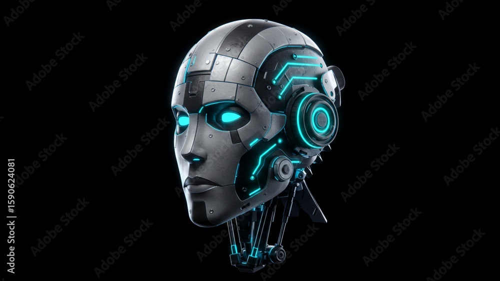 Futuristic robot head, stylized with glowing neon circuits Futuristic robot head, stylized with glowing neon circuits