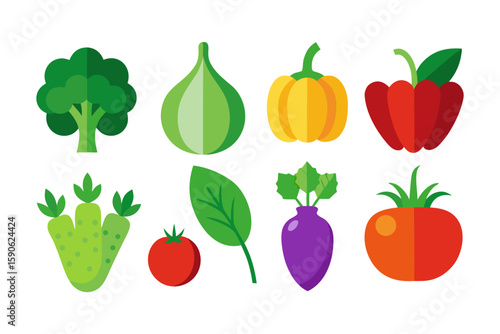 Collection of colorful vegetable icons in a flat design style featuring broccoli fig bell pepper cactus tomato spinach turnip and tomato isolated on white background