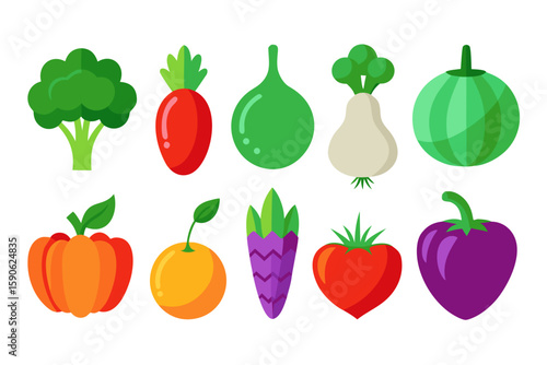 Collection of Flat Style Vegetables and Fruits Icons