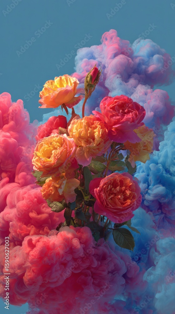 Obraz premium Vibrant floral arrangement bursting through colorful abstract smoke