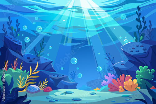 Cartoon Underwater Scene with Sunlight and Bubbles Featuring Seaweed Rocks and a Sandy Seabed in Shades of Blue Green Orange and Purple Colors