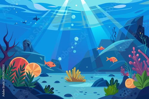 Vibrant Underwater Scene with Sunlight and Marine Life Featuring Colorful Coral Fish and Bubbles in a Stylized Vector Illustration for Children s Books and Educational