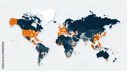 A world map highlighting regions with numerous orange location markers, showing global distribution patterns across continents.