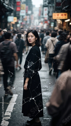 Asian woman standing on a street, a bustling crowd around her blurred by motion, shallow depth of field so her face is razor-sharp, damaged-film aesthetics with visible grain, dust, and scratches, hig