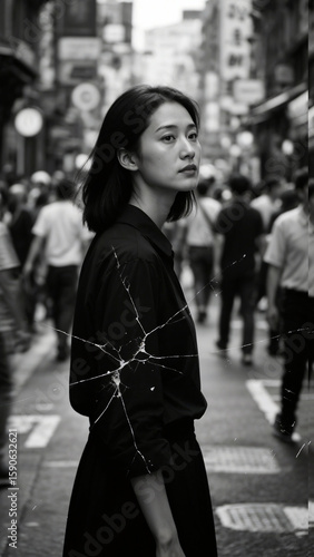 Asian woman standing on a street, a bustling crowd around her blurred by motion, shallow depth of field so her face is razor-sharp, damaged-film aesthetics with visible grain, dust, and scratches, hig