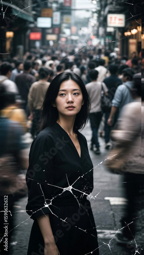 Asian woman standing on a street, a bustling crowd around her blurred by motion, shallow depth of field so her face is razor-sharp, damaged-film aesthetics with visible grain, dust, and scratches, hig