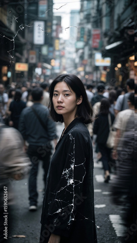 Asian woman standing on a street, a bustling crowd around her blurred by motion, shallow depth of field so her face is razor-sharp, damaged-film aesthetics with visible grain, dust, and scratches, hig