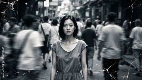 Asian woman standing on a street, a bustling crowd around her blurred by motion, shallow depth of field so her face is razor-sharp, damaged-film aesthetics with visible grain, dust, and scratches, hig