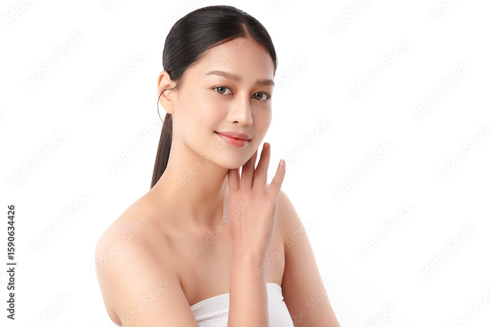A beautiful young Asian woman with clean, fresh skin against a white background. Skincare, facial treatment, cosmetology, beauty, and spa. An elegant portrait of an Asian woman. A beautiful young Asian woman with clean, fresh skin against a white background. Skincare, facial treatment, cosmetology, beauty, and spa. An elegant portrait of an Asian woman.
